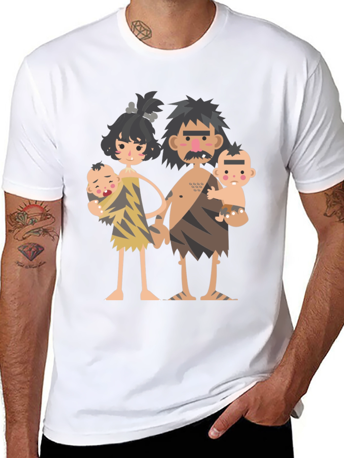 Cartoon Caveman Family Graphic T-Shirt