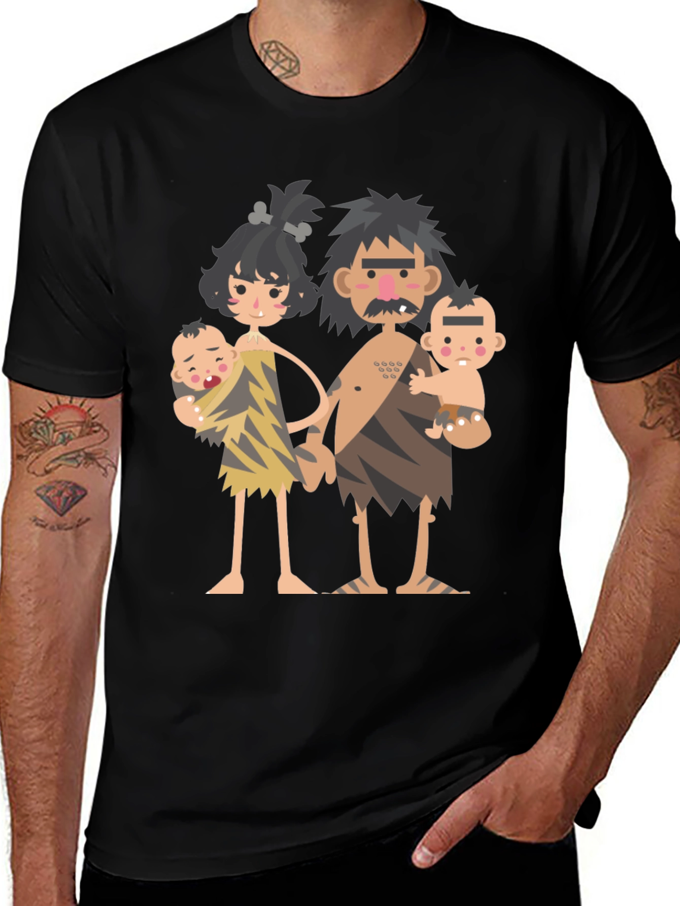 Cartoon Caveman Family Graphic T-Shirt
