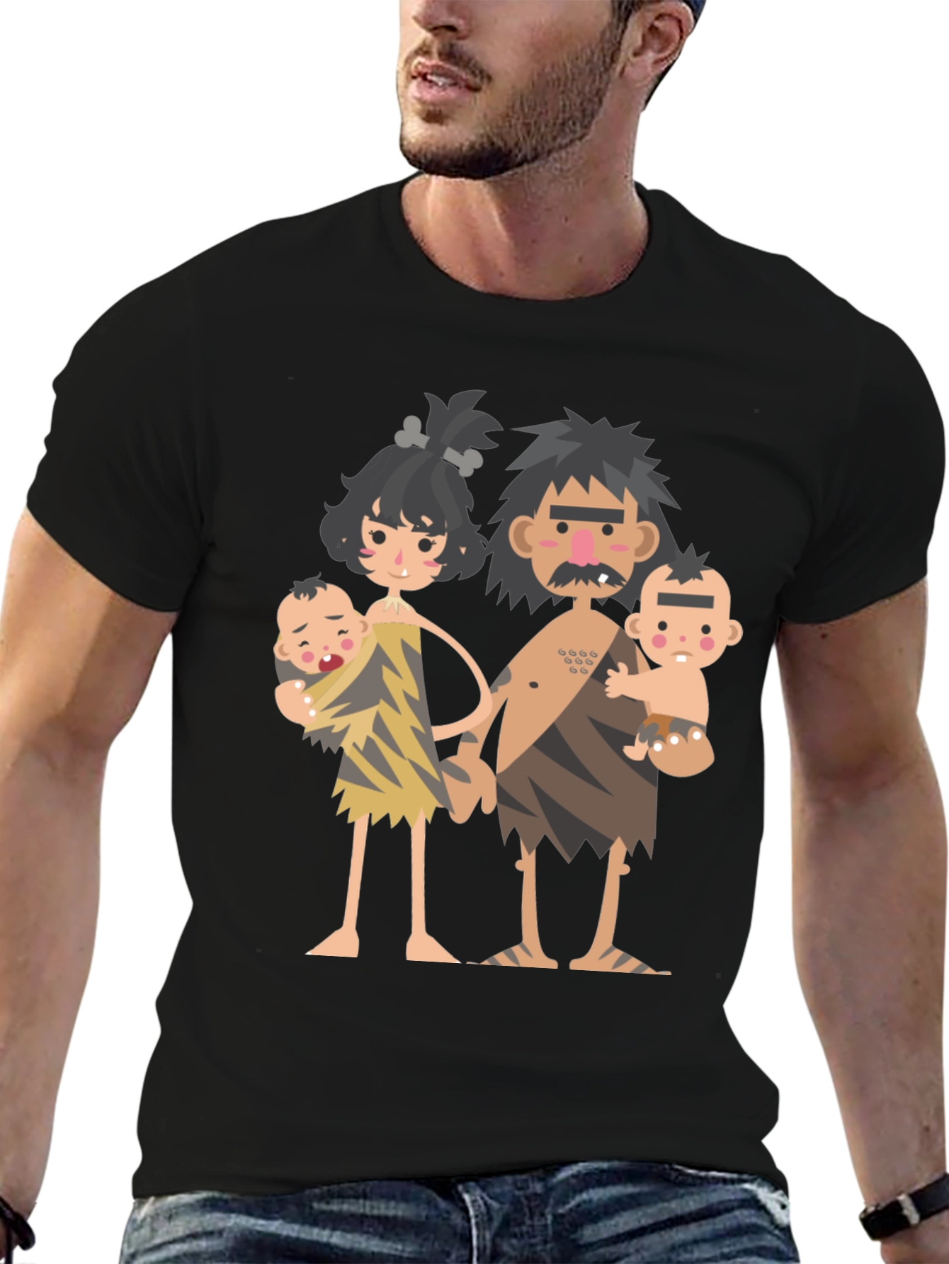 Cartoon Caveman Family Graphic T-Shirt