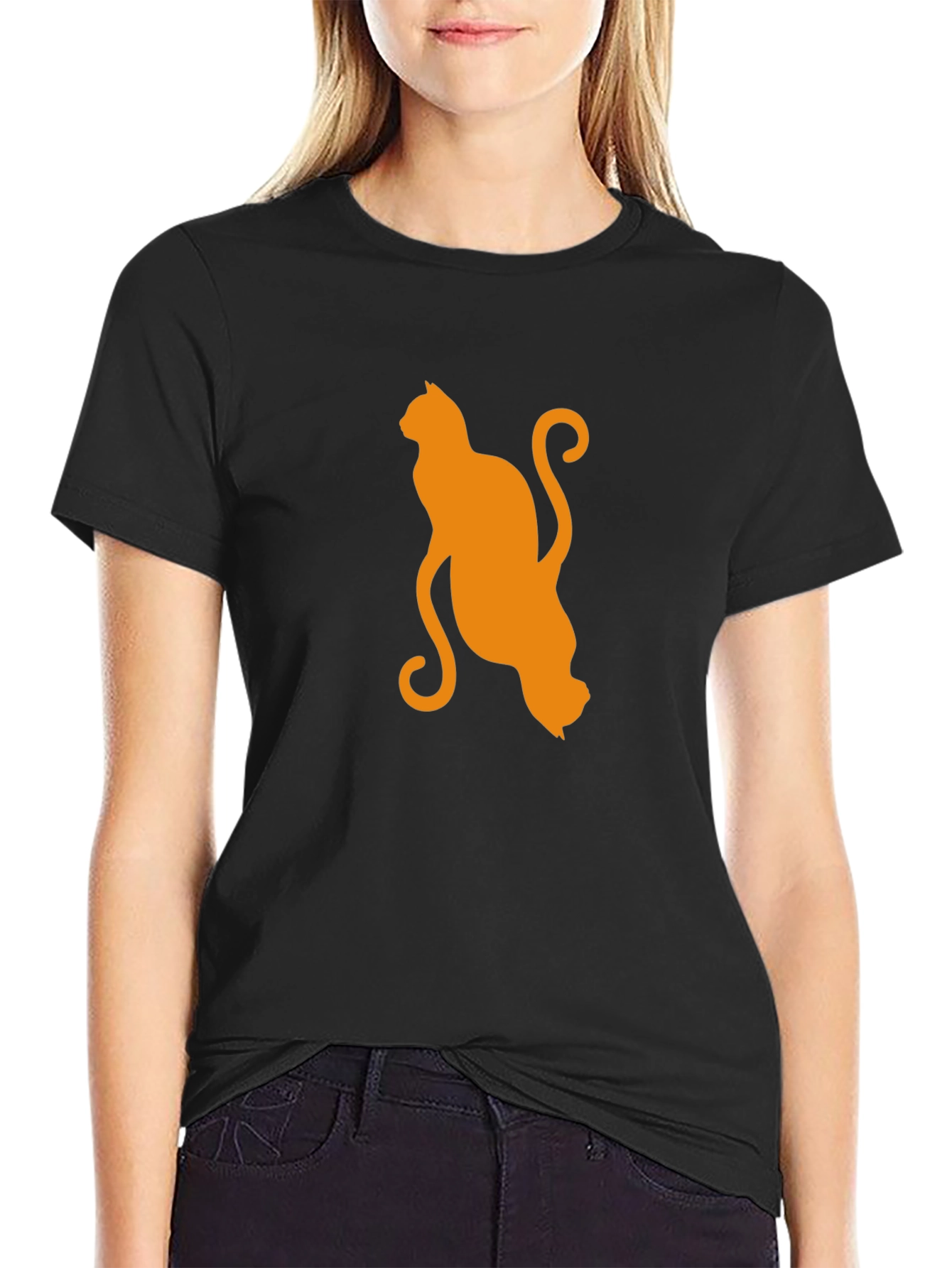 Orange Cat Silhouette Black T-Shirt