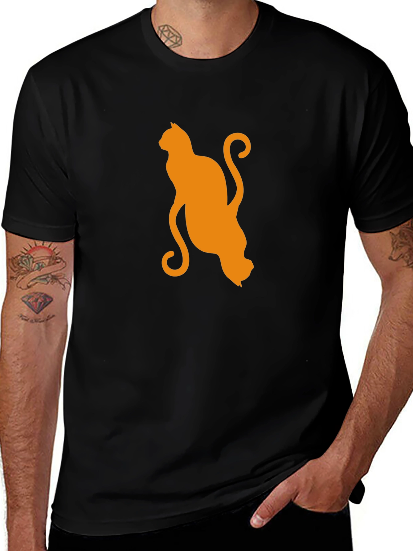 Orange Cat Silhouette Black T-Shirt