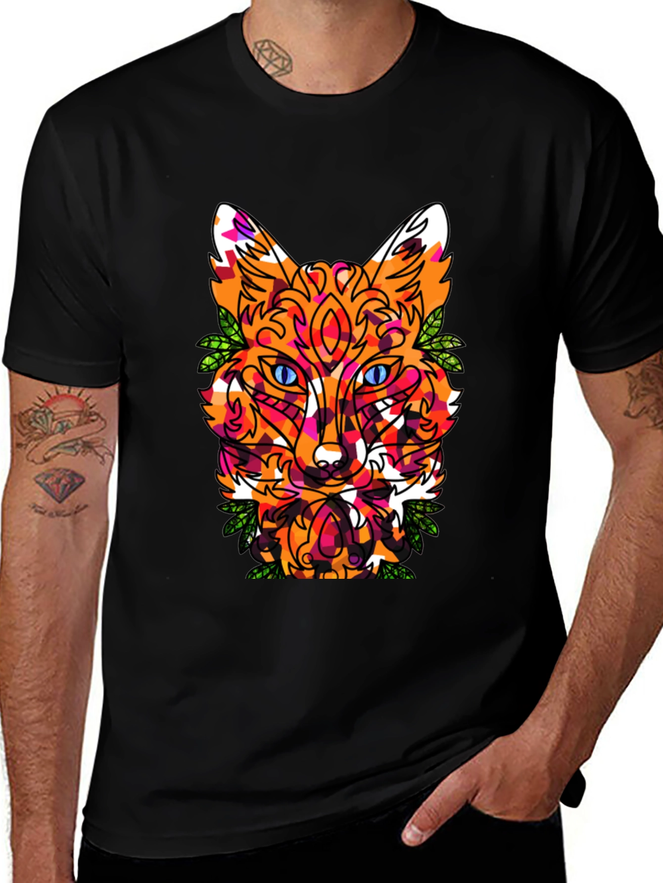 Geometric Fox Head Graphic Print Crew Neck T-Shirt