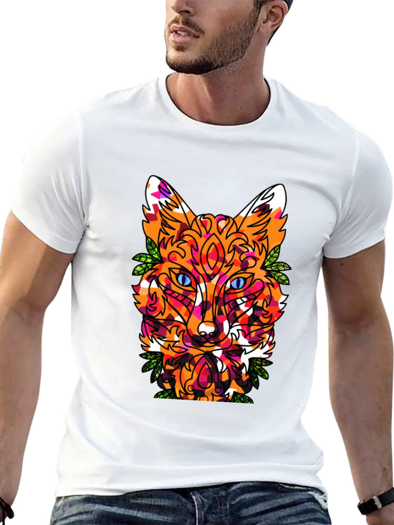 Geometric Fox Head Graphic Print Crew Neck T-Shirt