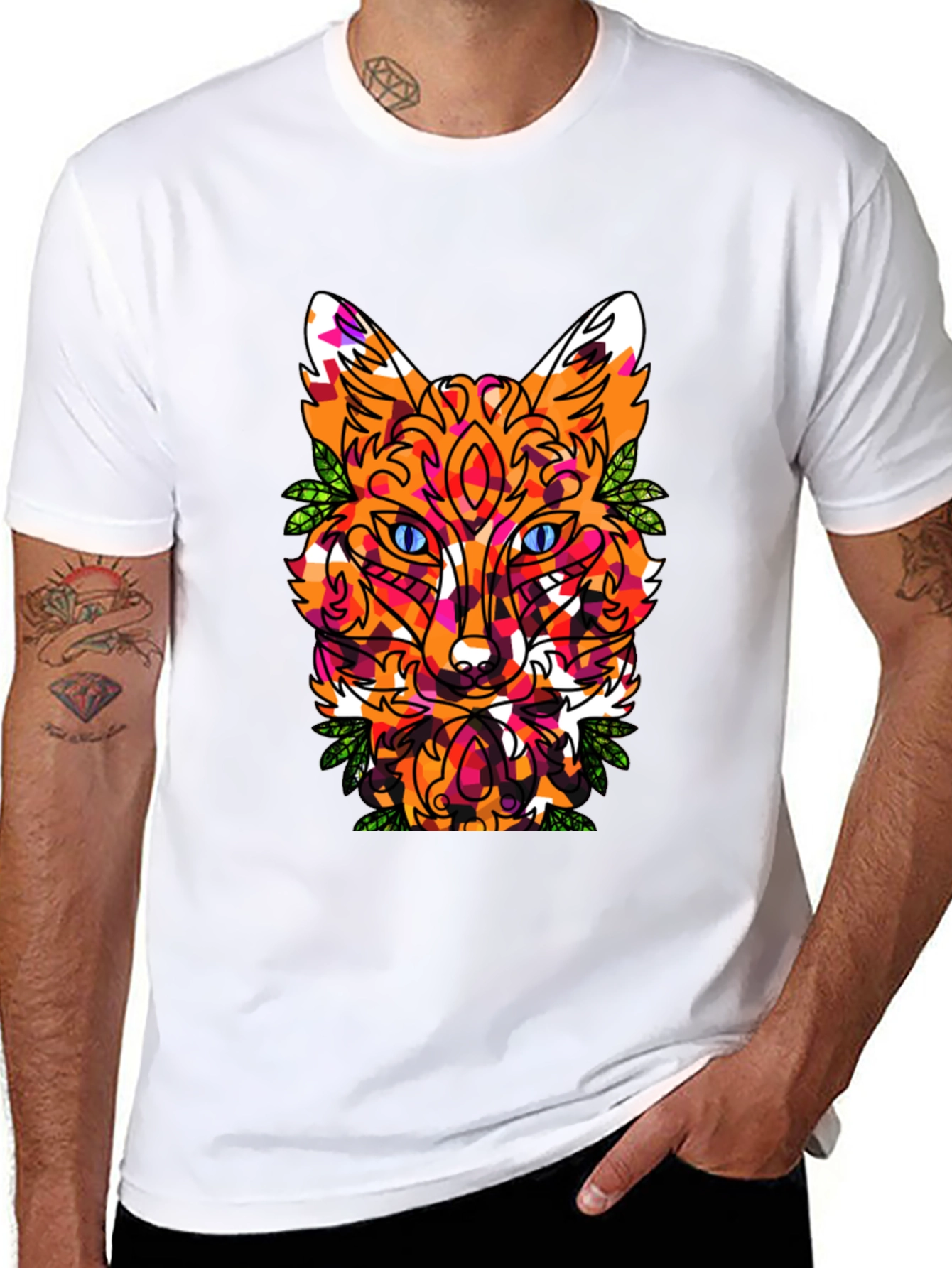 Geometric Fox Head Graphic Print Crew Neck T-Shirt