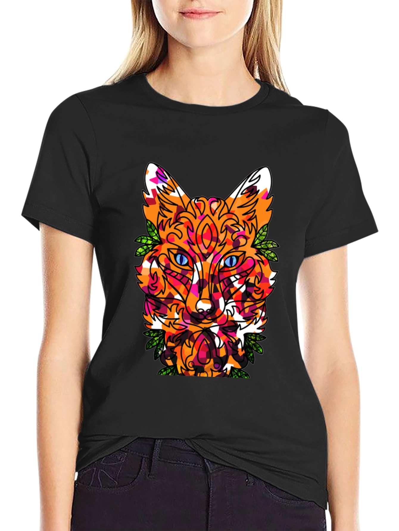 Geometric Fox Head Graphic Print Crew Neck T-Shirt