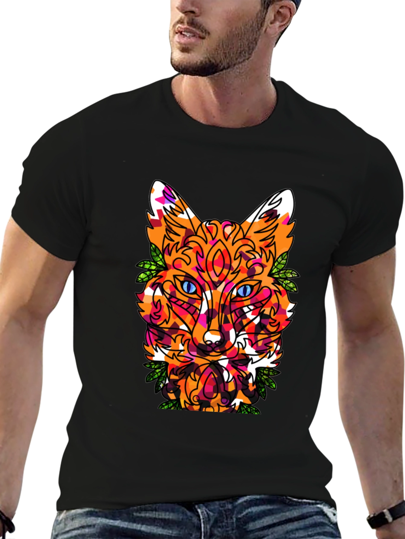 Geometric Fox Head Graphic Print Crew Neck T-Shirt