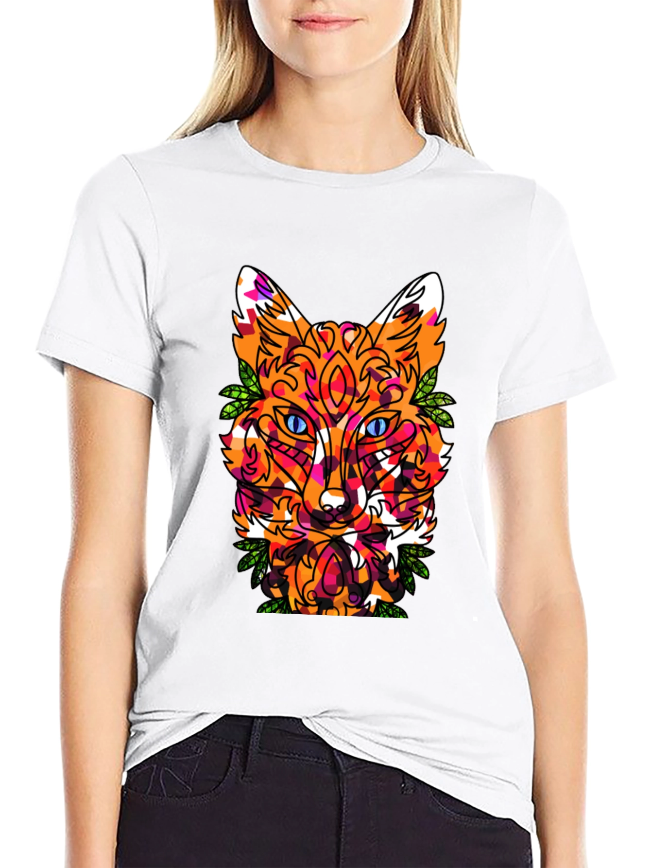 Geometric Fox Head Graphic Print Crew Neck T-Shirt