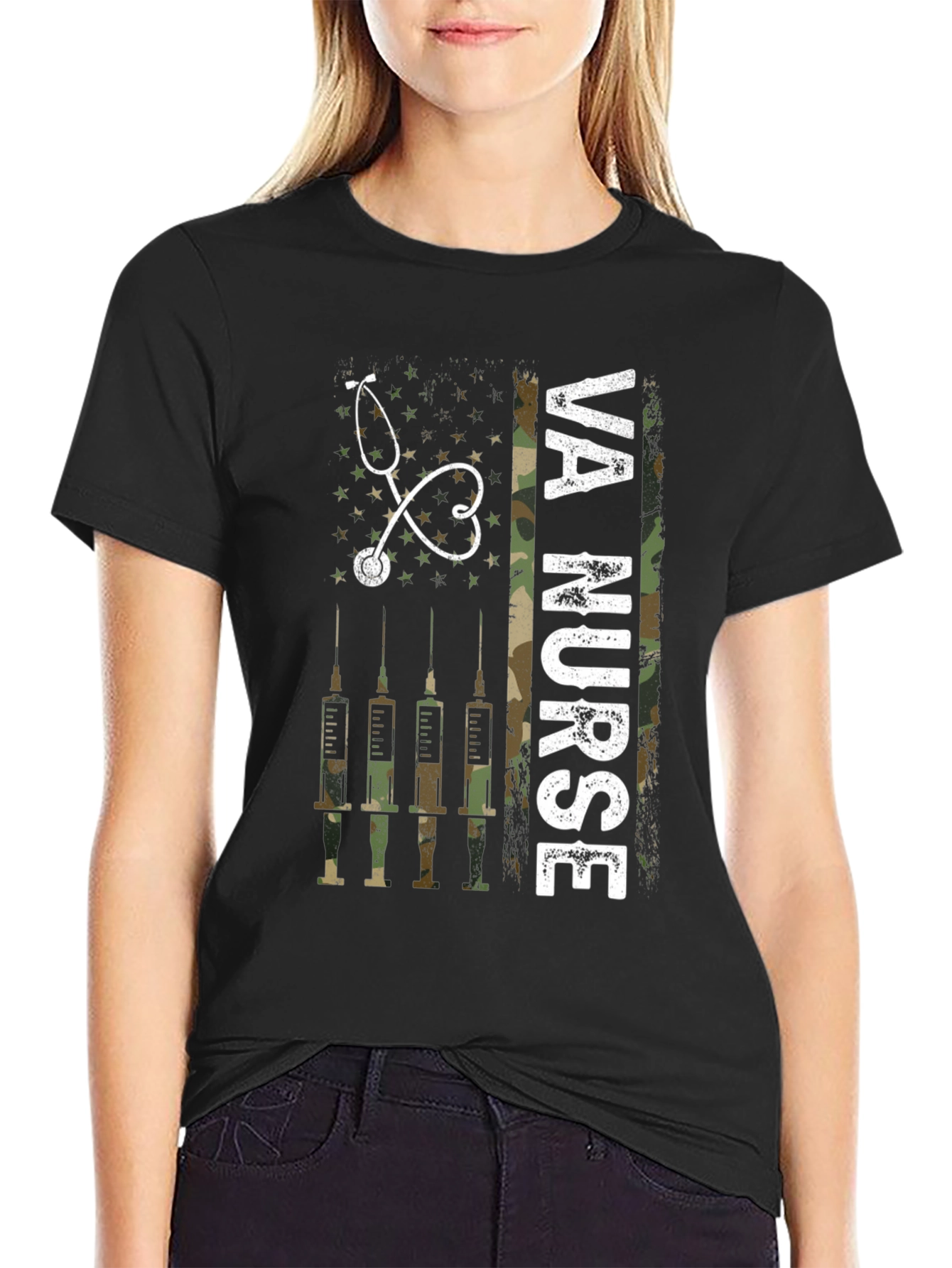 VA Nurse Camo American Flag T-Shirt