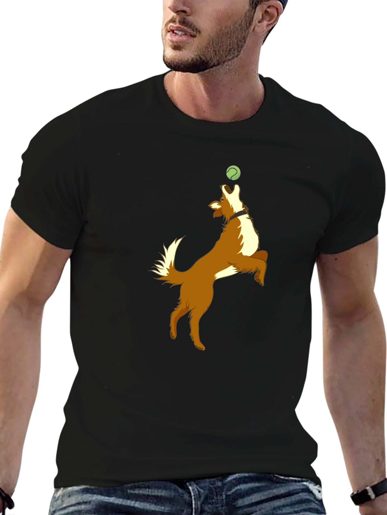 Dog Catching Ball Graphic Black T-Shirt