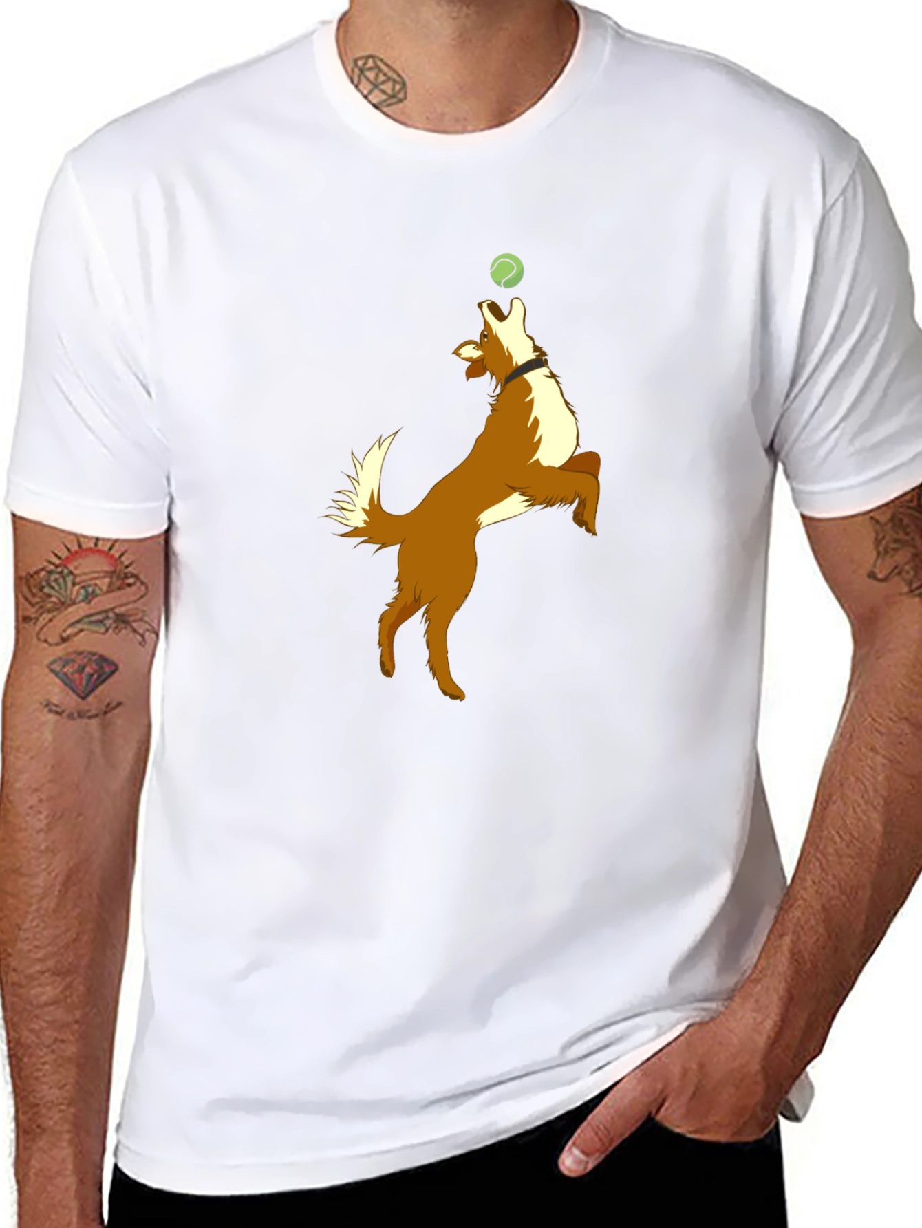 Dog Catching Ball Graphic Black T-Shirt