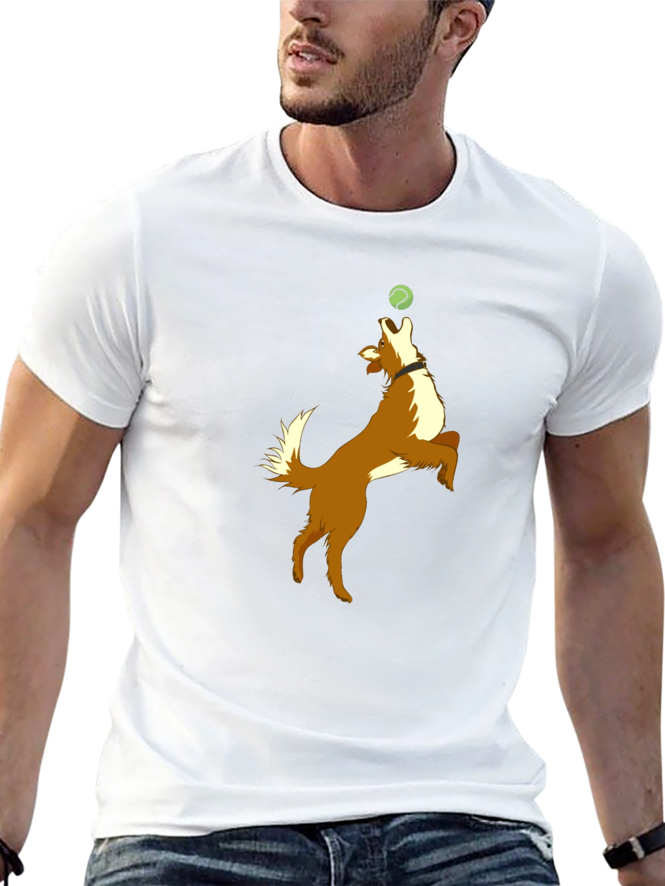 Dog Catching Ball Graphic Black T-Shirt