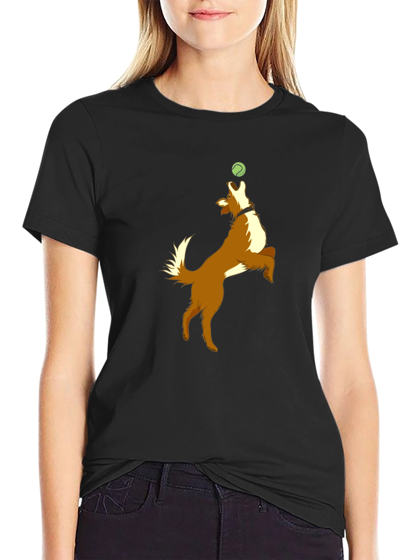 Dog Catching Ball Graphic Black T-Shirt