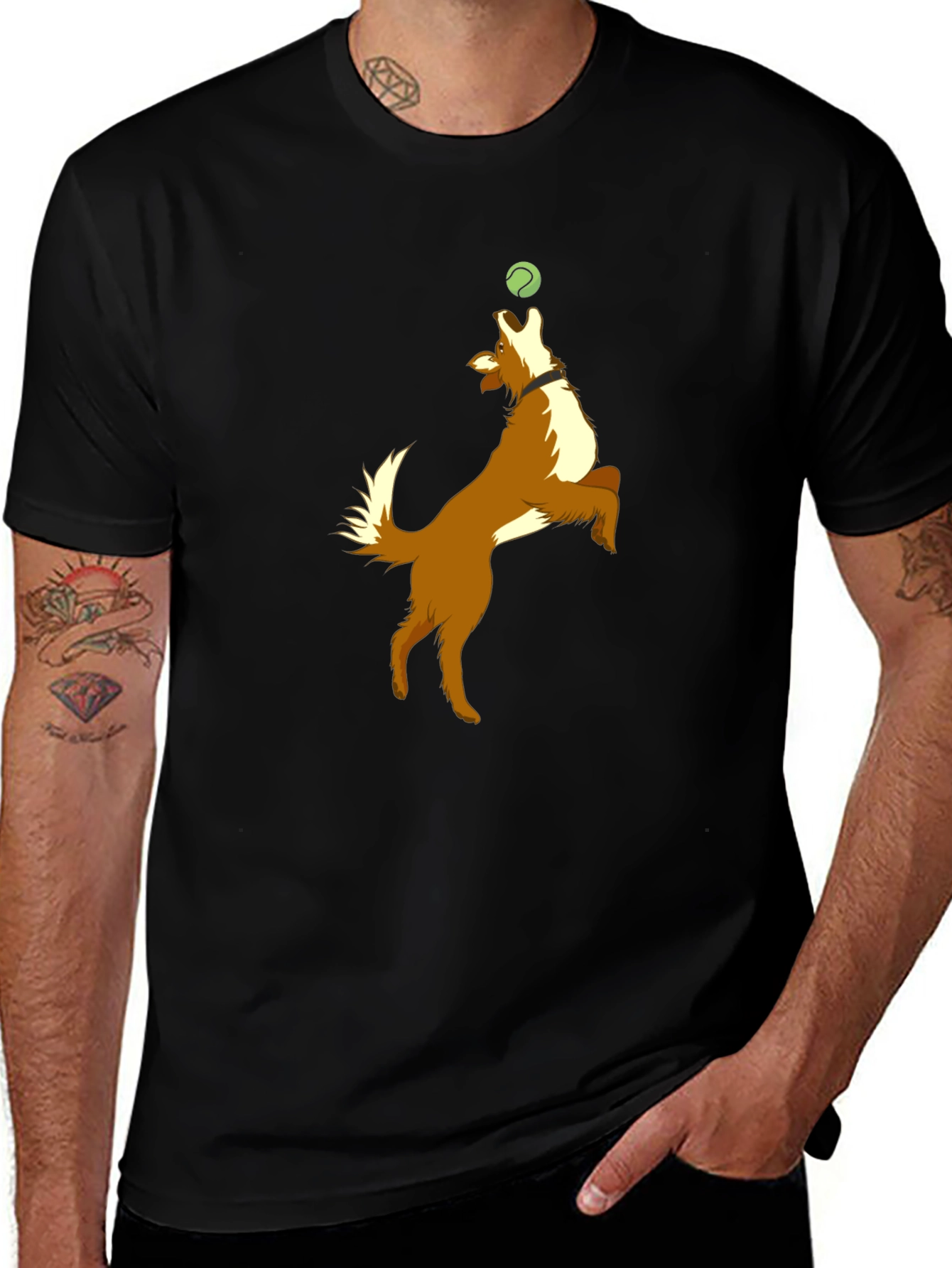 Dog Catching Ball Graphic Black T-Shirt