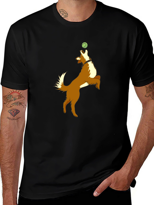Dog Catching Ball Graphic Black T-Shirt