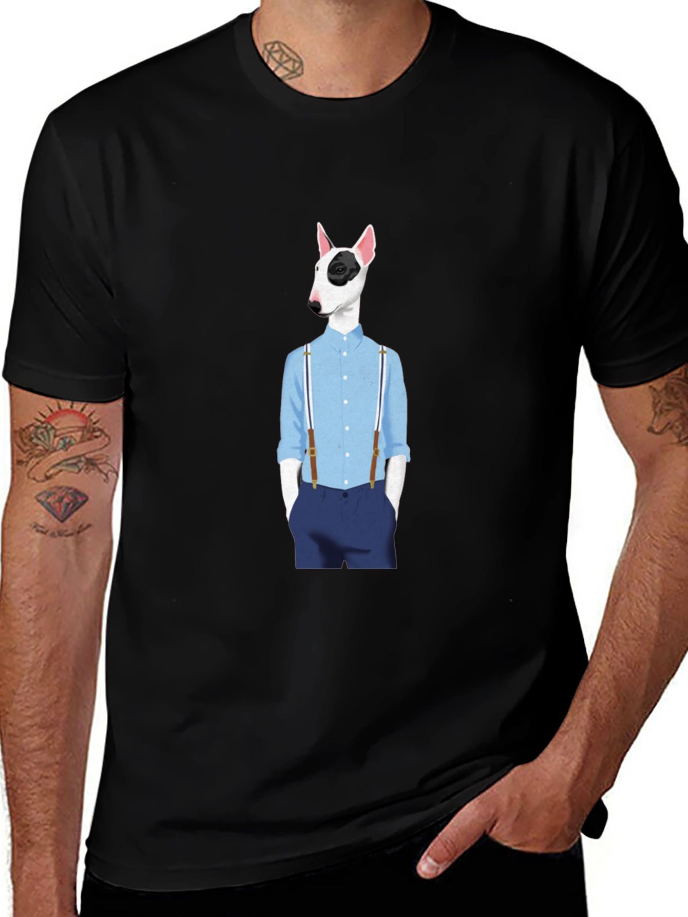 Dog with Suspenders Black T-Shirt