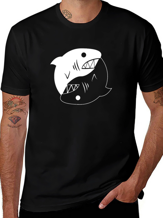 Yin Yang Shark Graphic Tee - Black Cotton T-Shirt