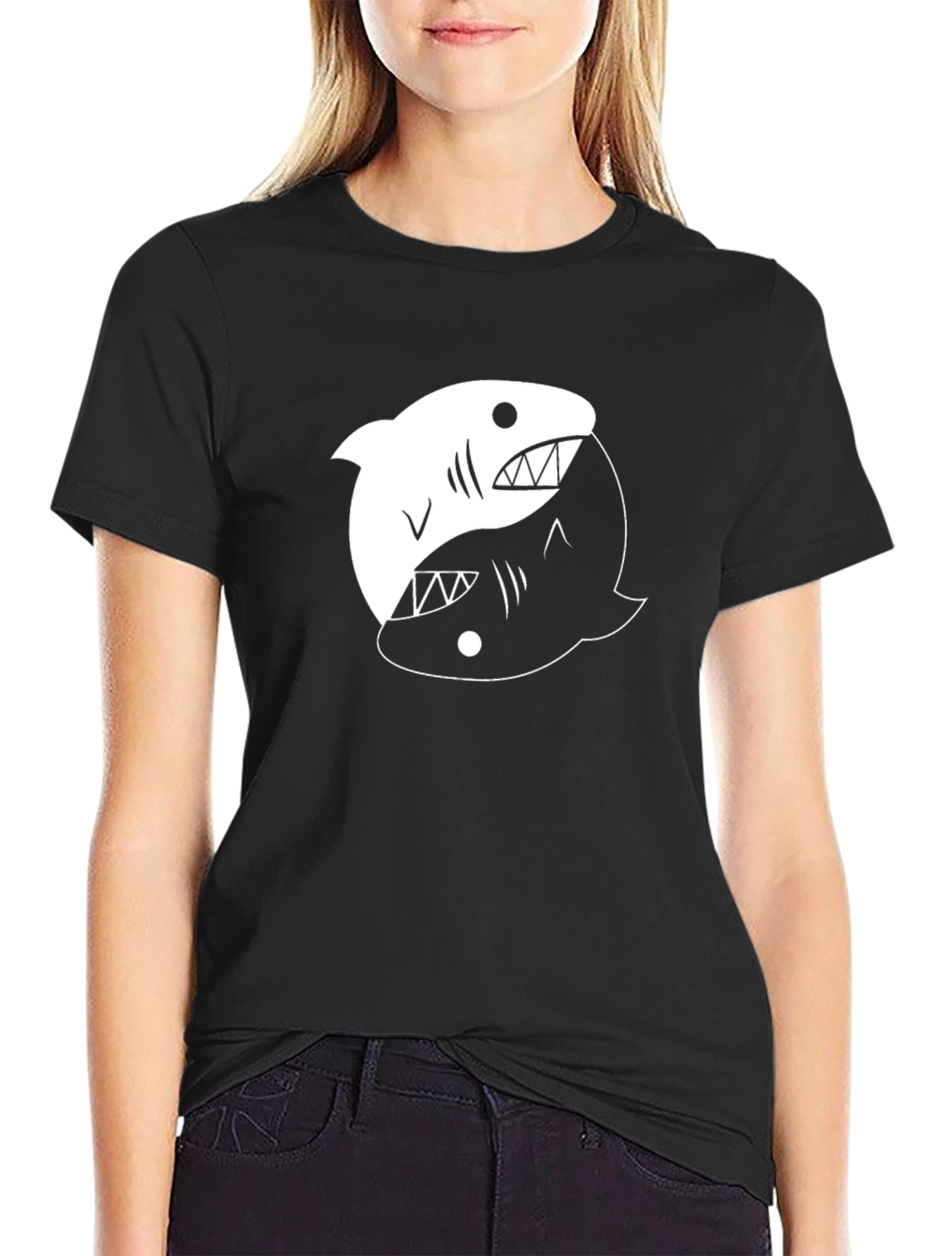 Yin Yang Shark Graphic Tee - Black Cotton T-Shirt