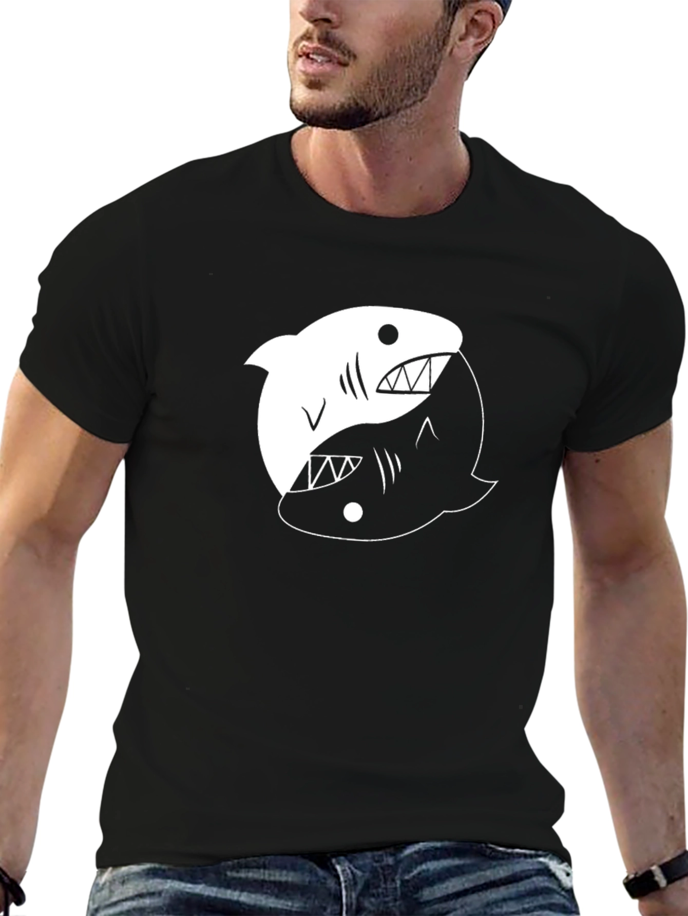 Yin Yang Shark Graphic Tee - Black Cotton T-Shirt