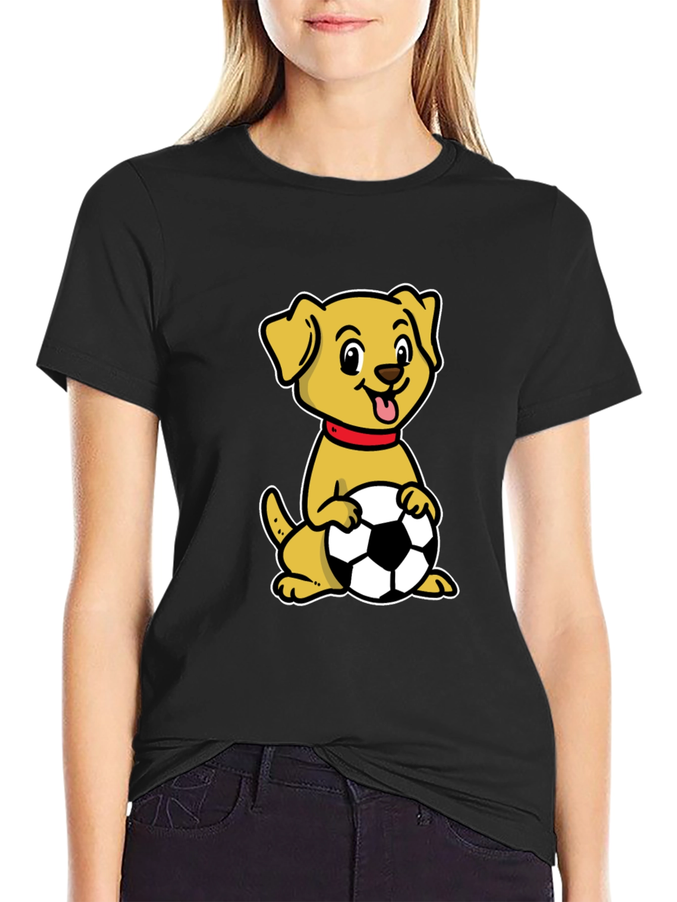 Dog with Soccer Ball Black T-Shirt
