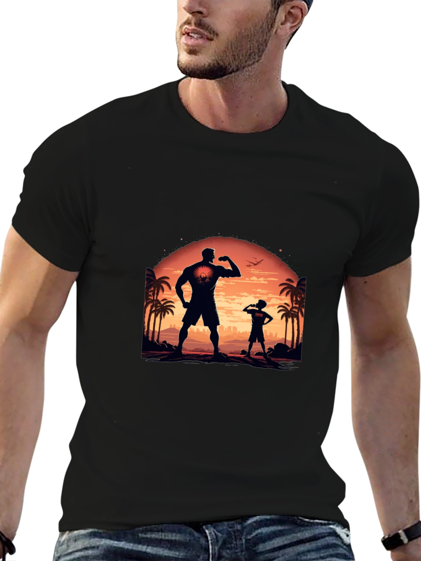 Black T-Shirt: Father-Son Silhouette Design
