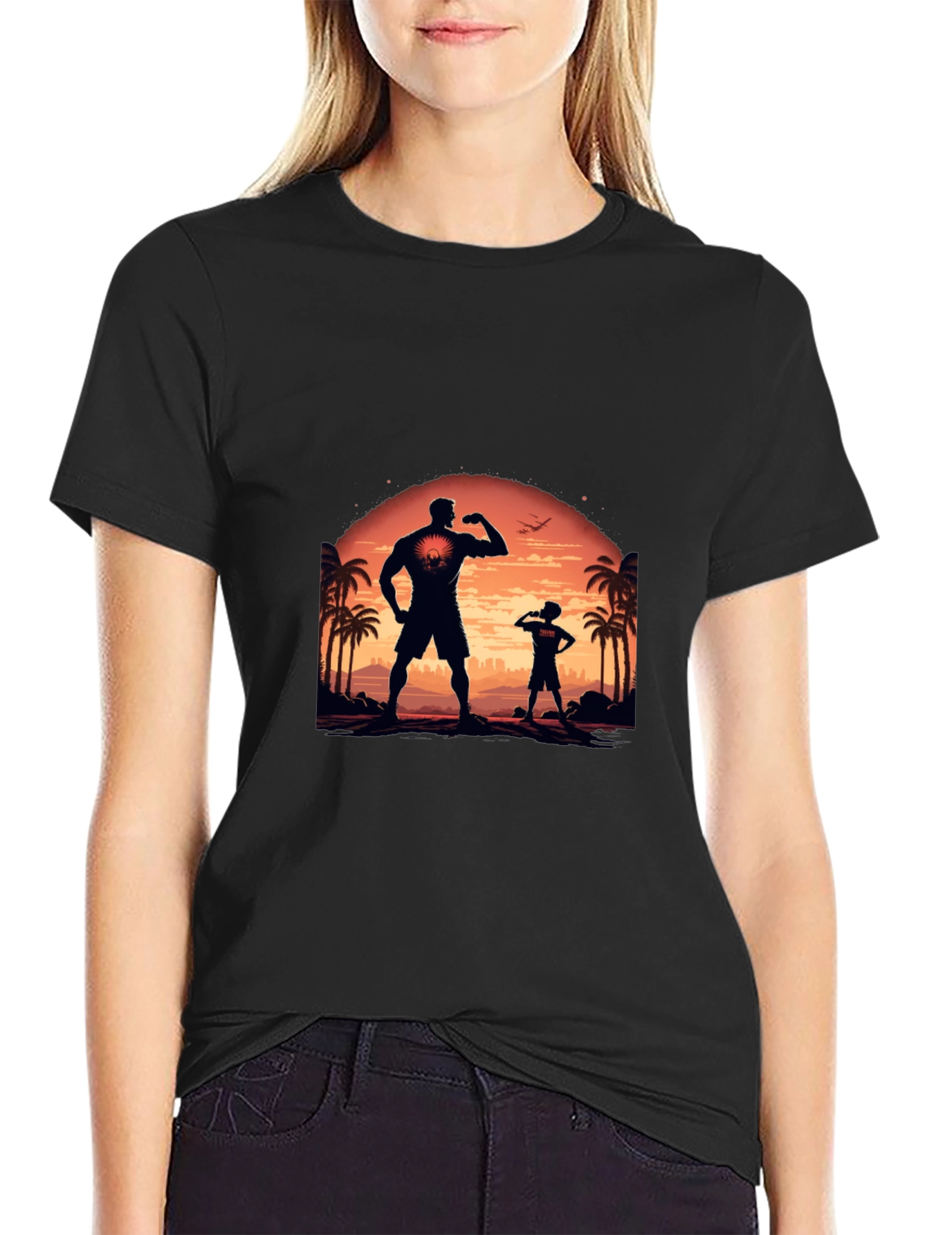 Black T-Shirt: Father-Son Silhouette Design