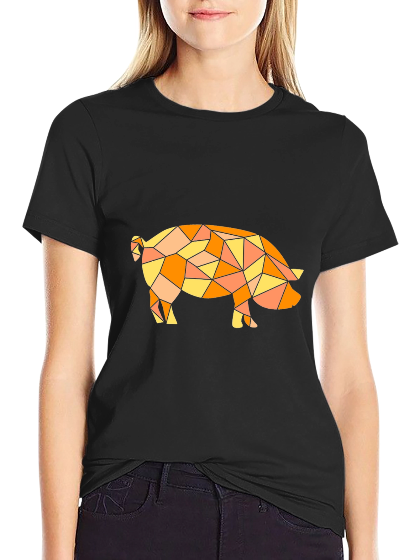 Geometric Pig Graphic Tee - Modern Art Black T-Shirt