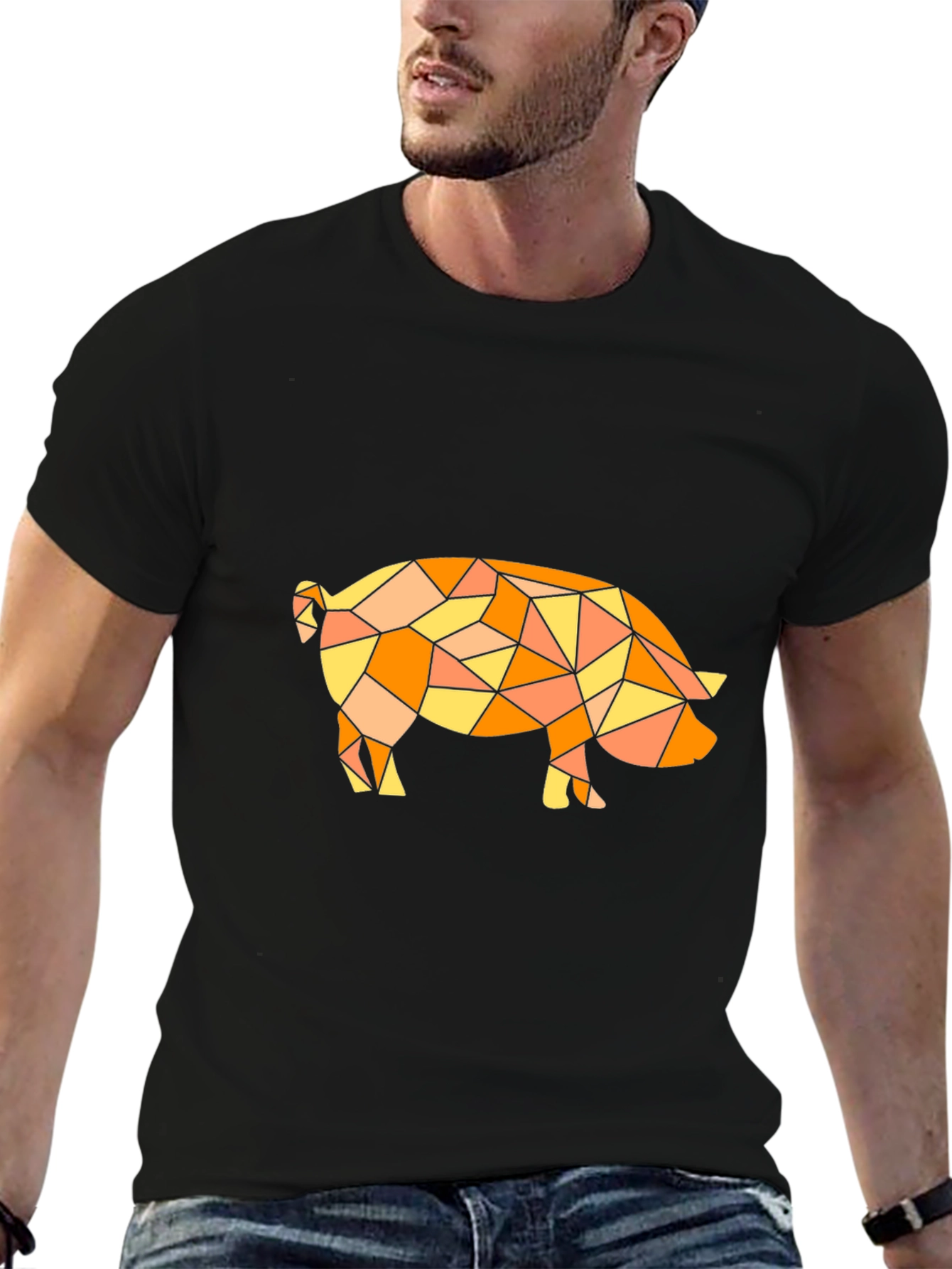 Geometric Pig Graphic Tee - Modern Art Black T-Shirt