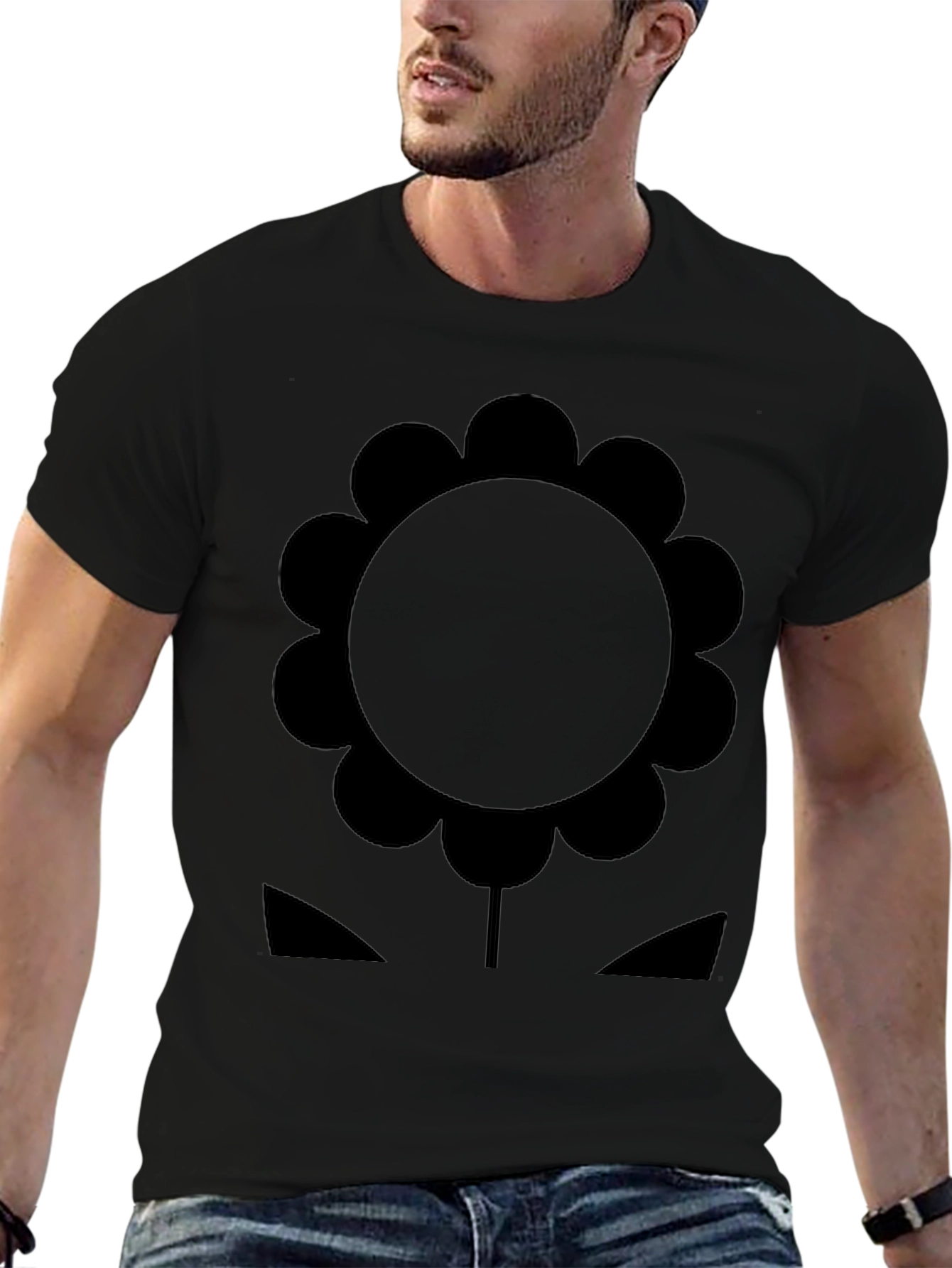 Black T-Shirt with Graphic Flower Design