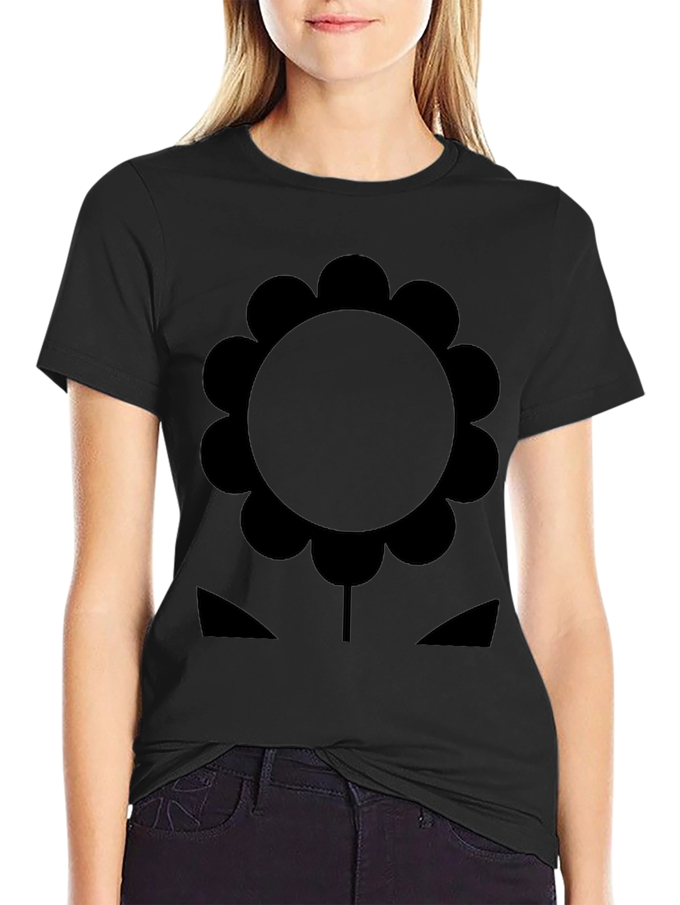 Black T-Shirt with Graphic Flower Design