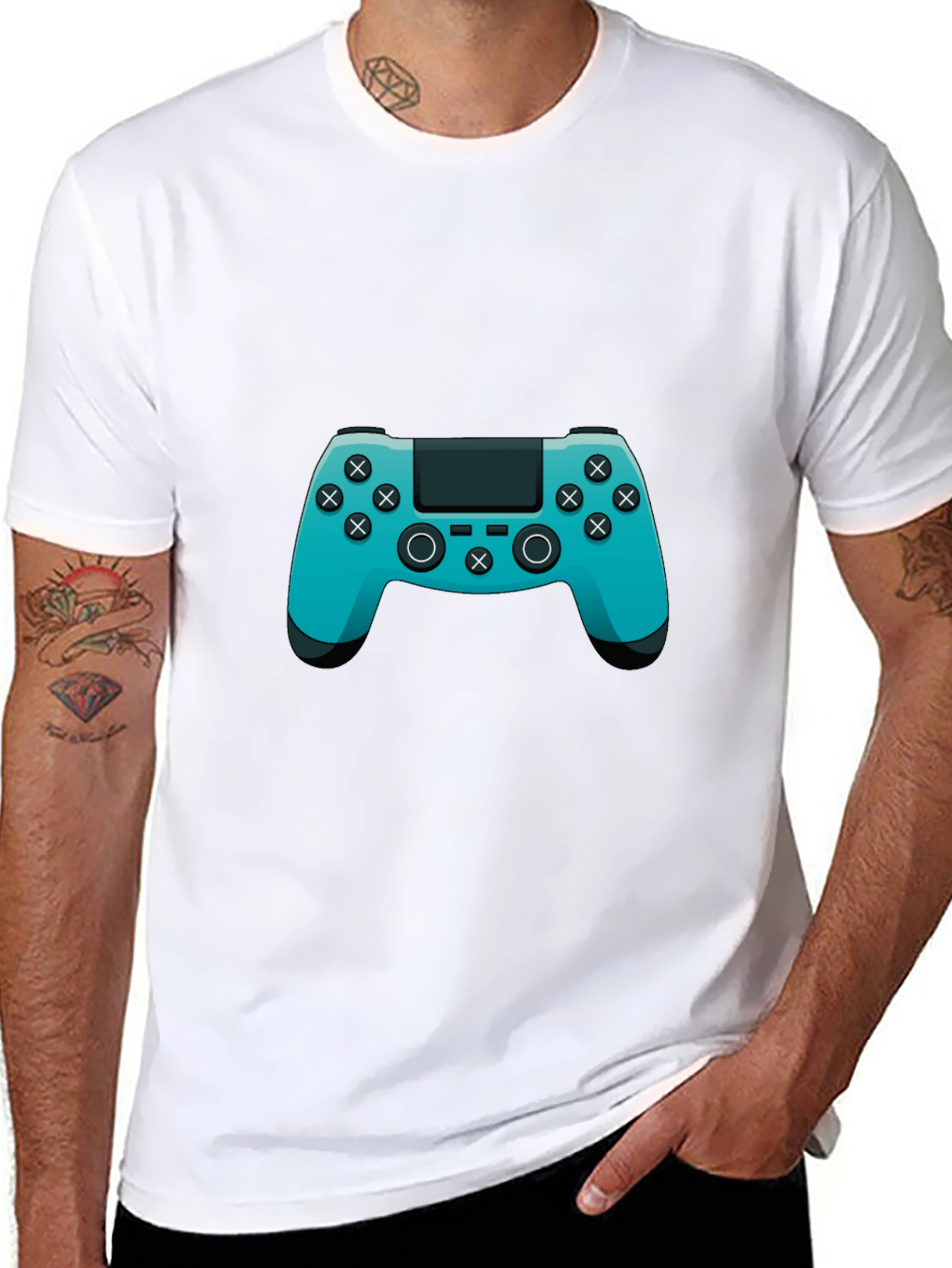 Gamer Style Black T-Shirt with Teal Controller Design