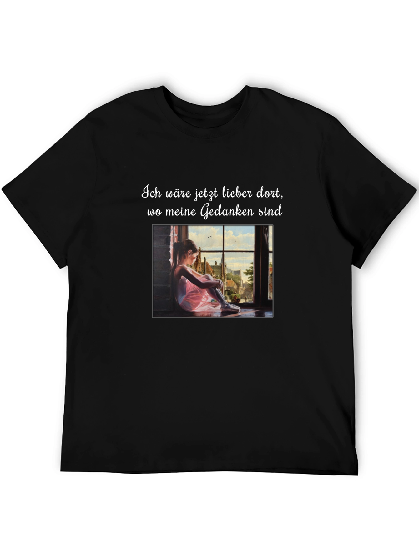 Dreamy Black T-Shirt with Girl at Window Design