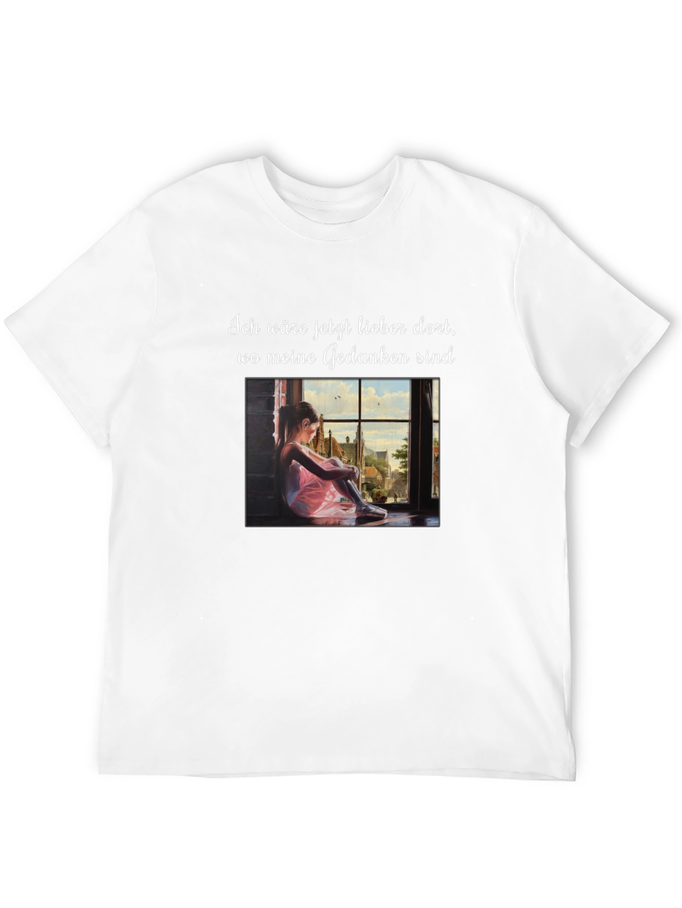 Dreamy Black T-Shirt with Girl at Window Design