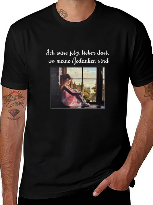Dreamy Black T-Shirt with Girl at Window Design