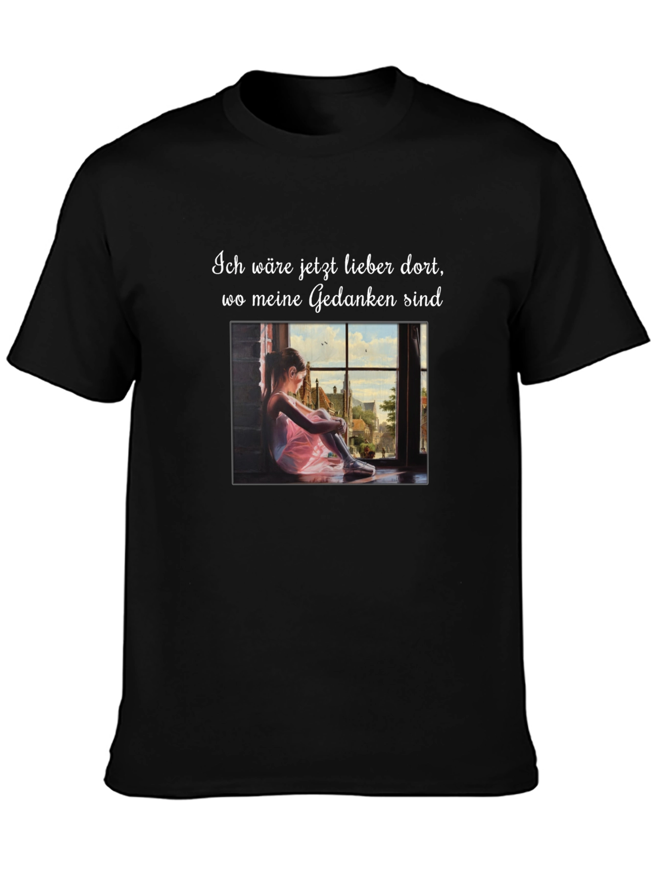 Dreamy Black T-Shirt with Girl at Window Design
