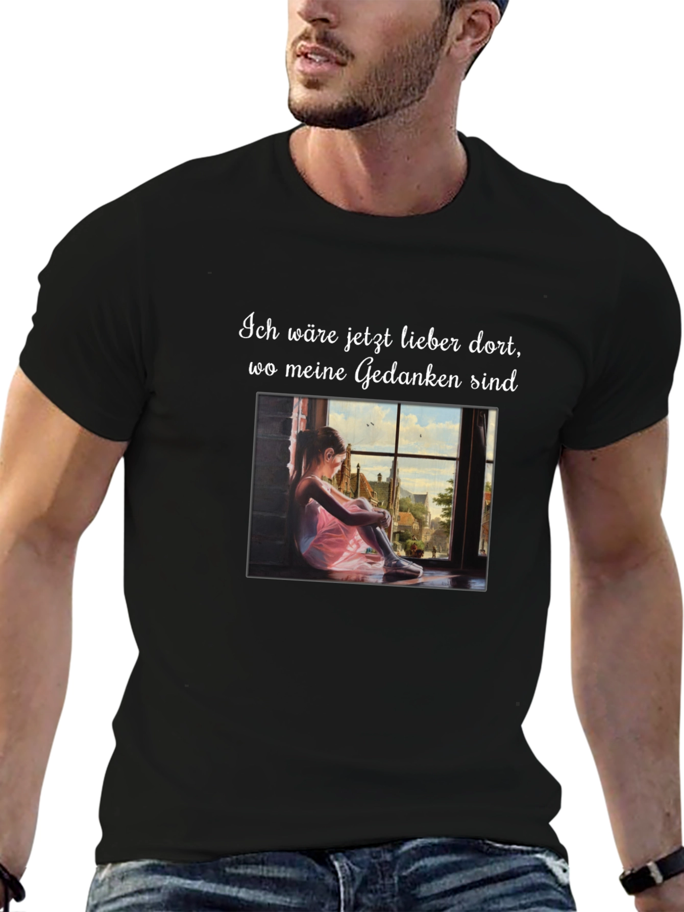 Dreamy Black T-Shirt with Girl at Window Design