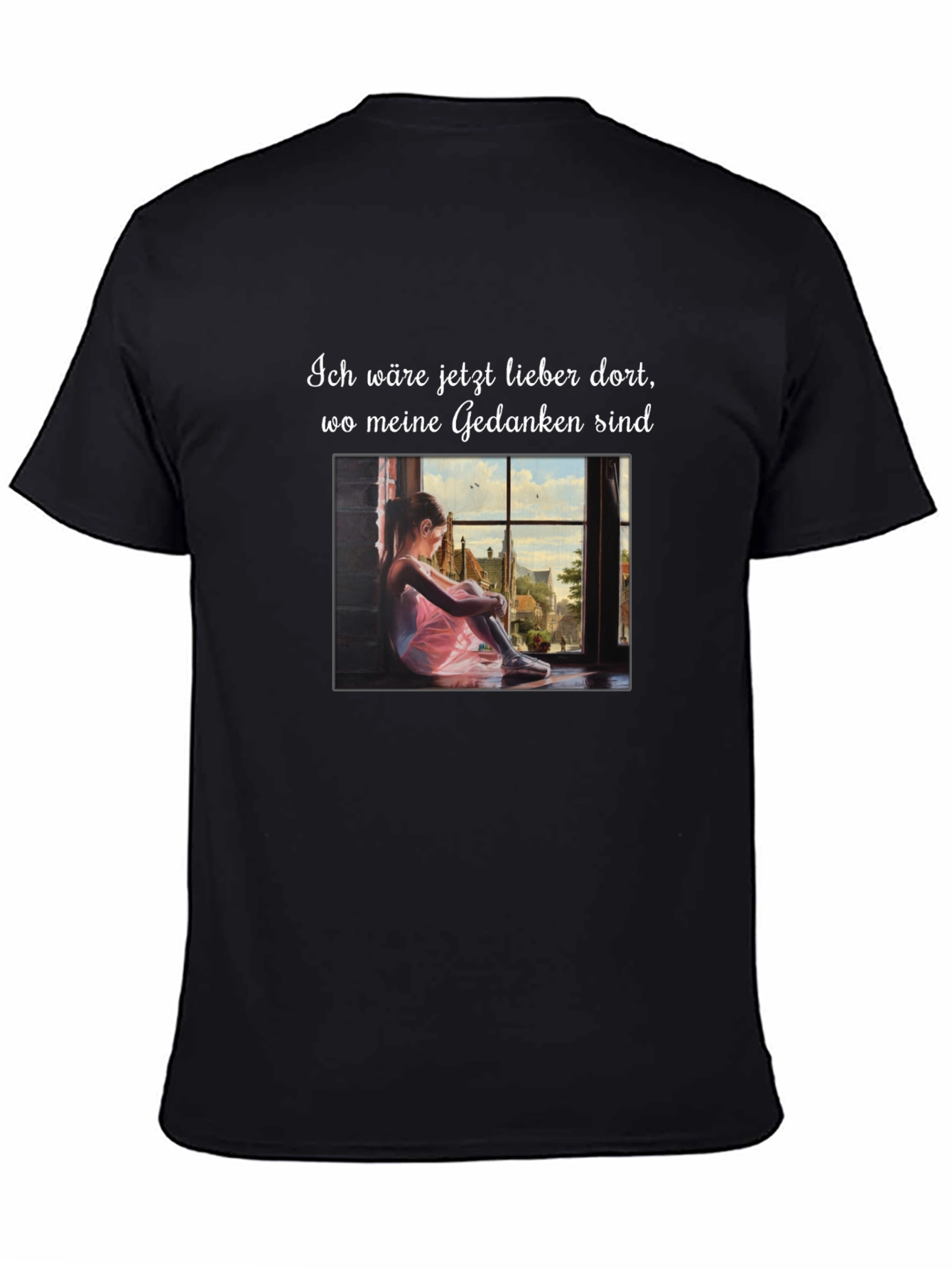 Dreamy Black T-Shirt with Girl at Window Design