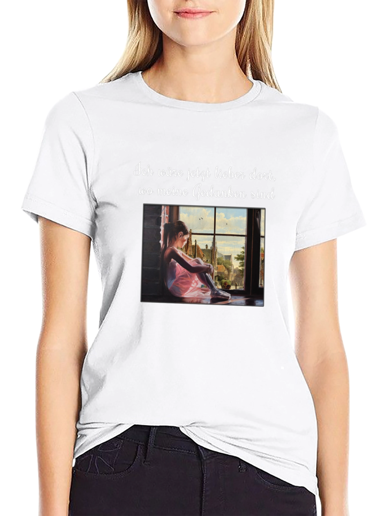 Dreamy Black T-Shirt with Girl at Window Design