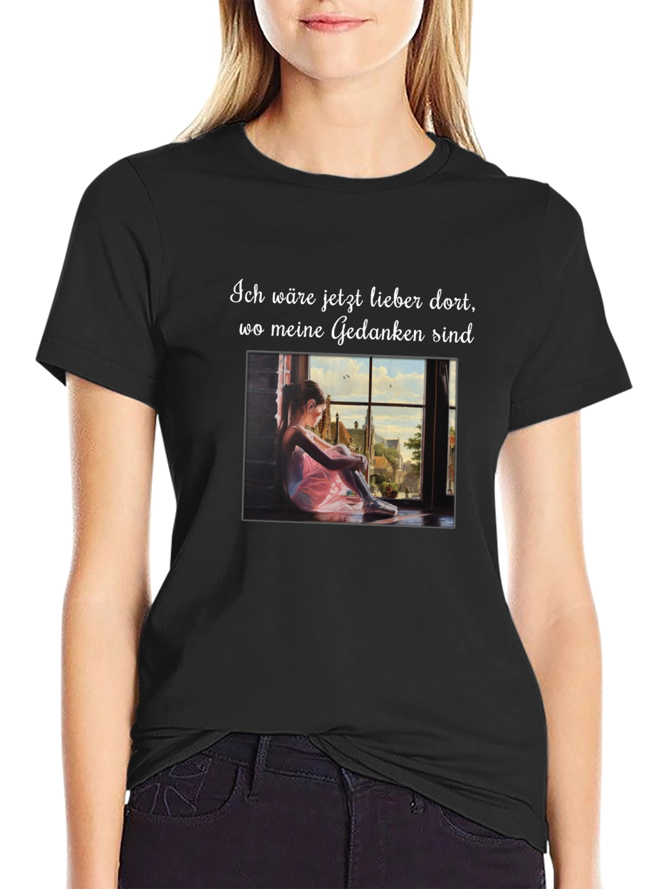 Dreamy Black T-Shirt with Girl at Window Design