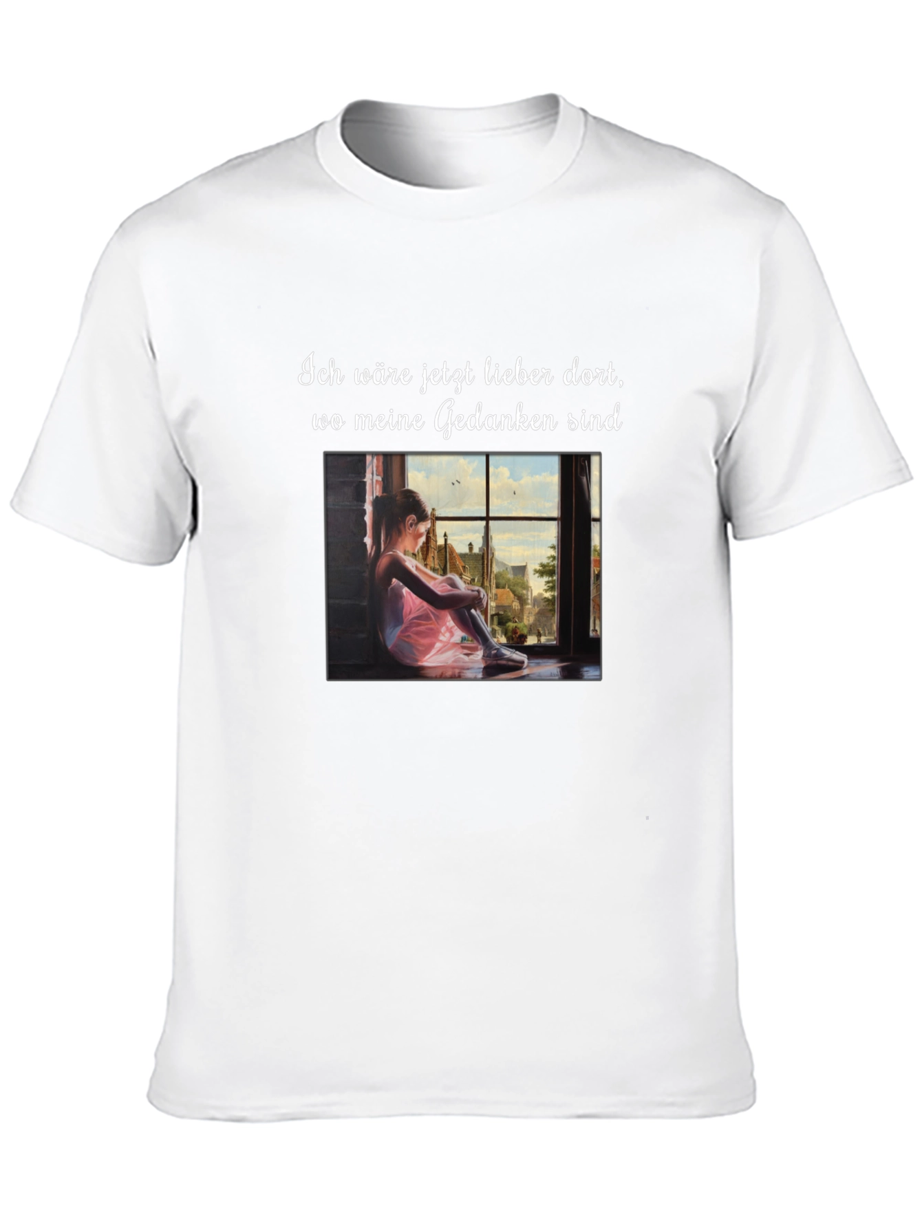 Dreamy Black T-Shirt with Girl at Window Design