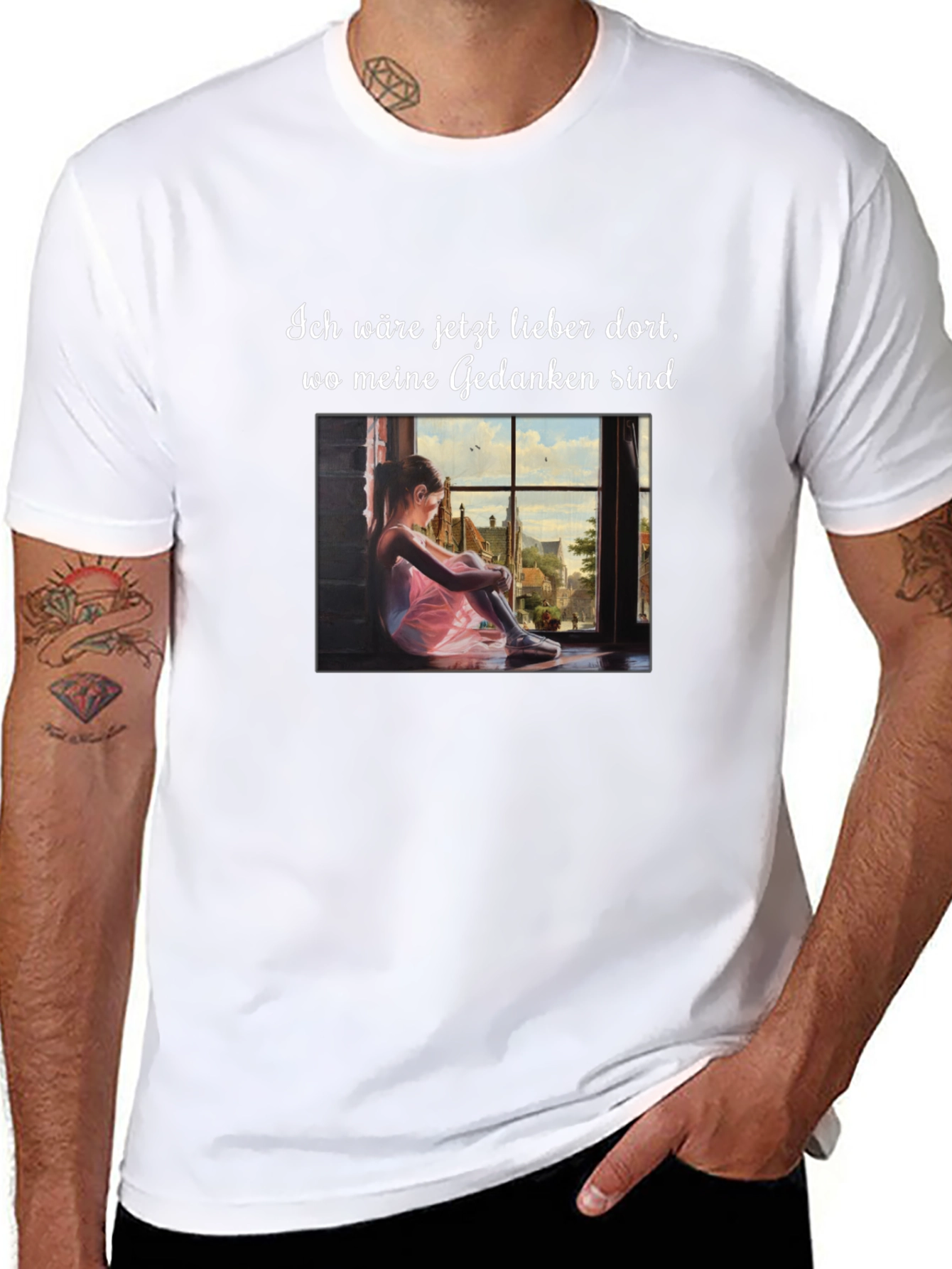 Dreamy Black T-Shirt with Girl at Window Design