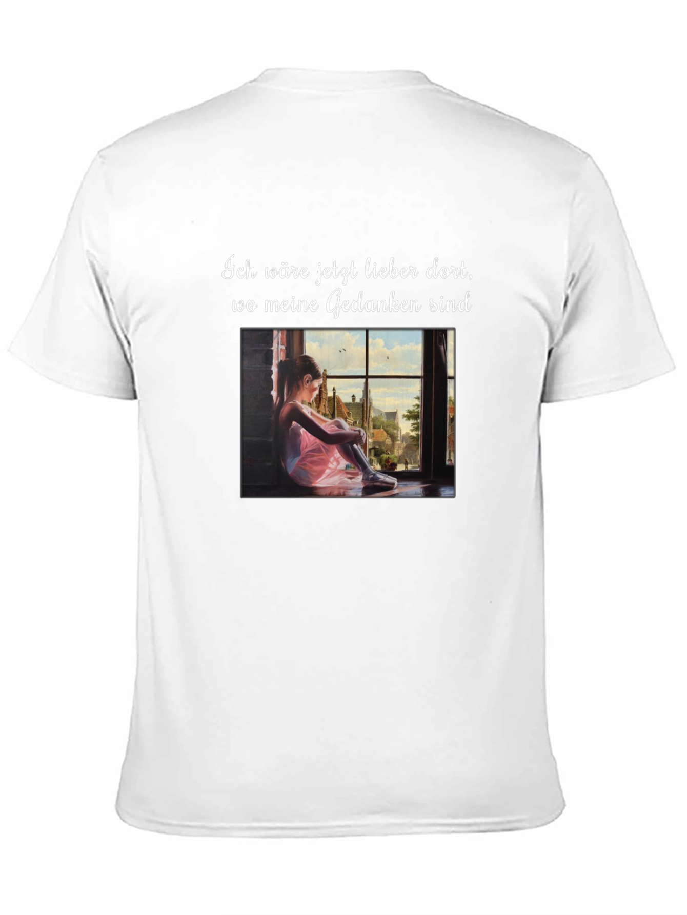 Dreamy Black T-Shirt with Girl at Window Design