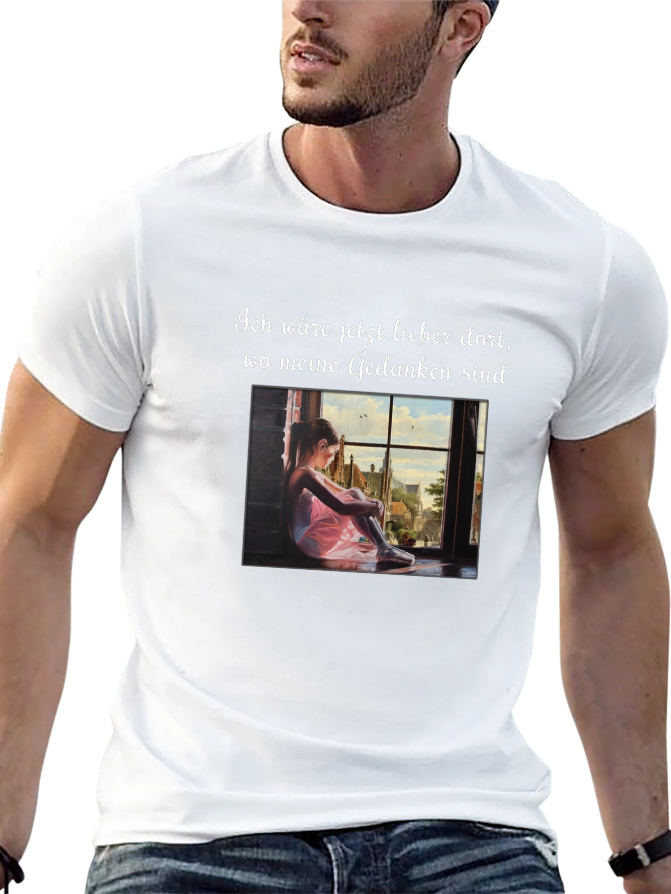 Dreamy Black T-Shirt with Girl at Window Design