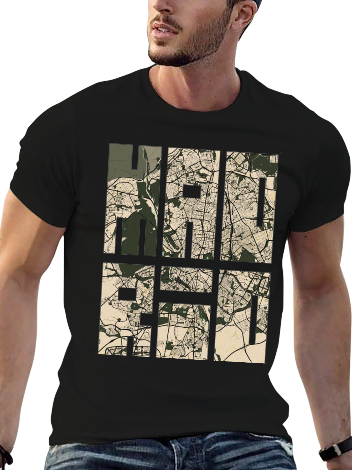 Stylish Map Design Tee - Black Casual T-Shirt