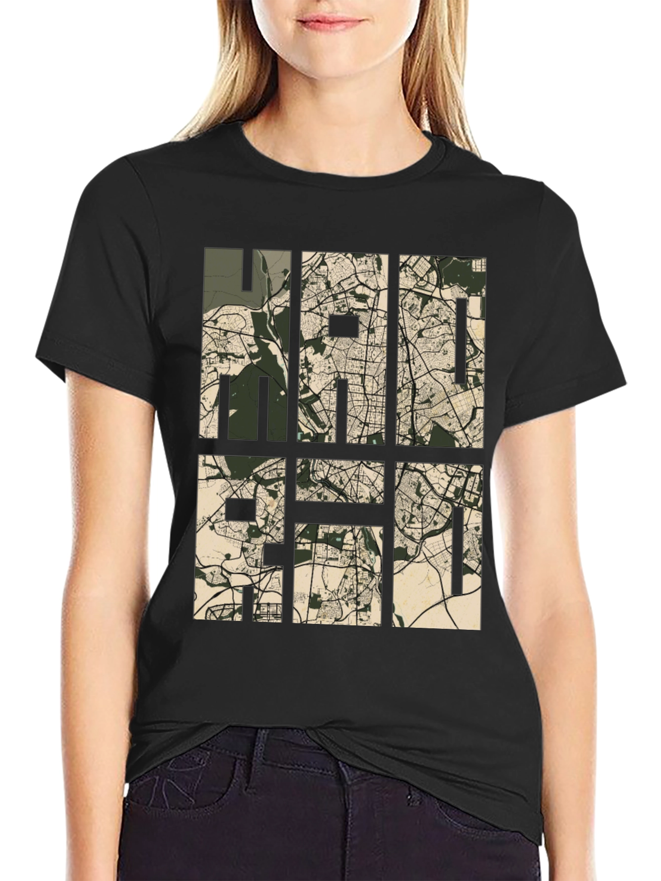 Stylish Map Design Tee - Black Casual T-Shirt