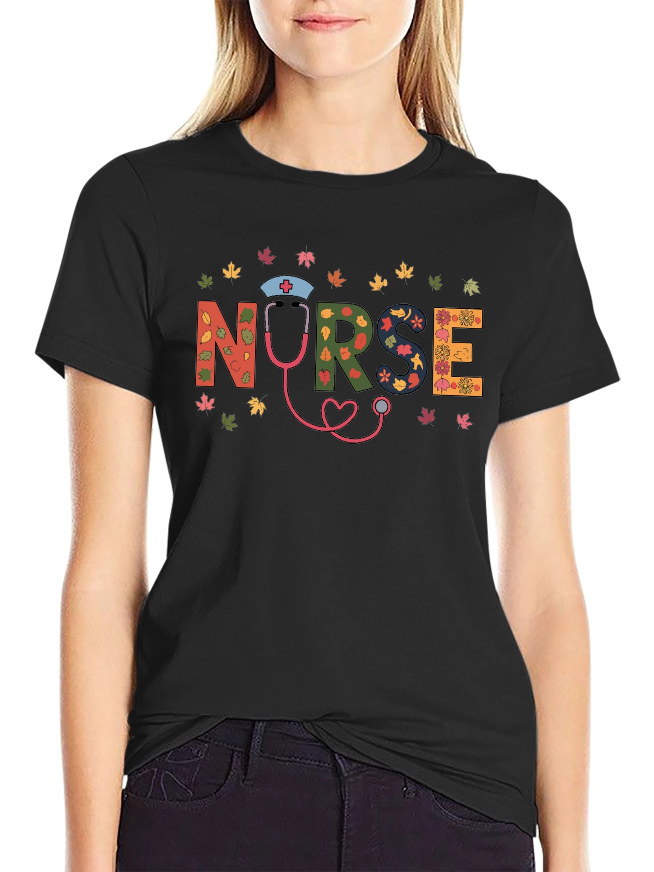 Fall Nurse Graphic Tee - Autumn Leaves Design