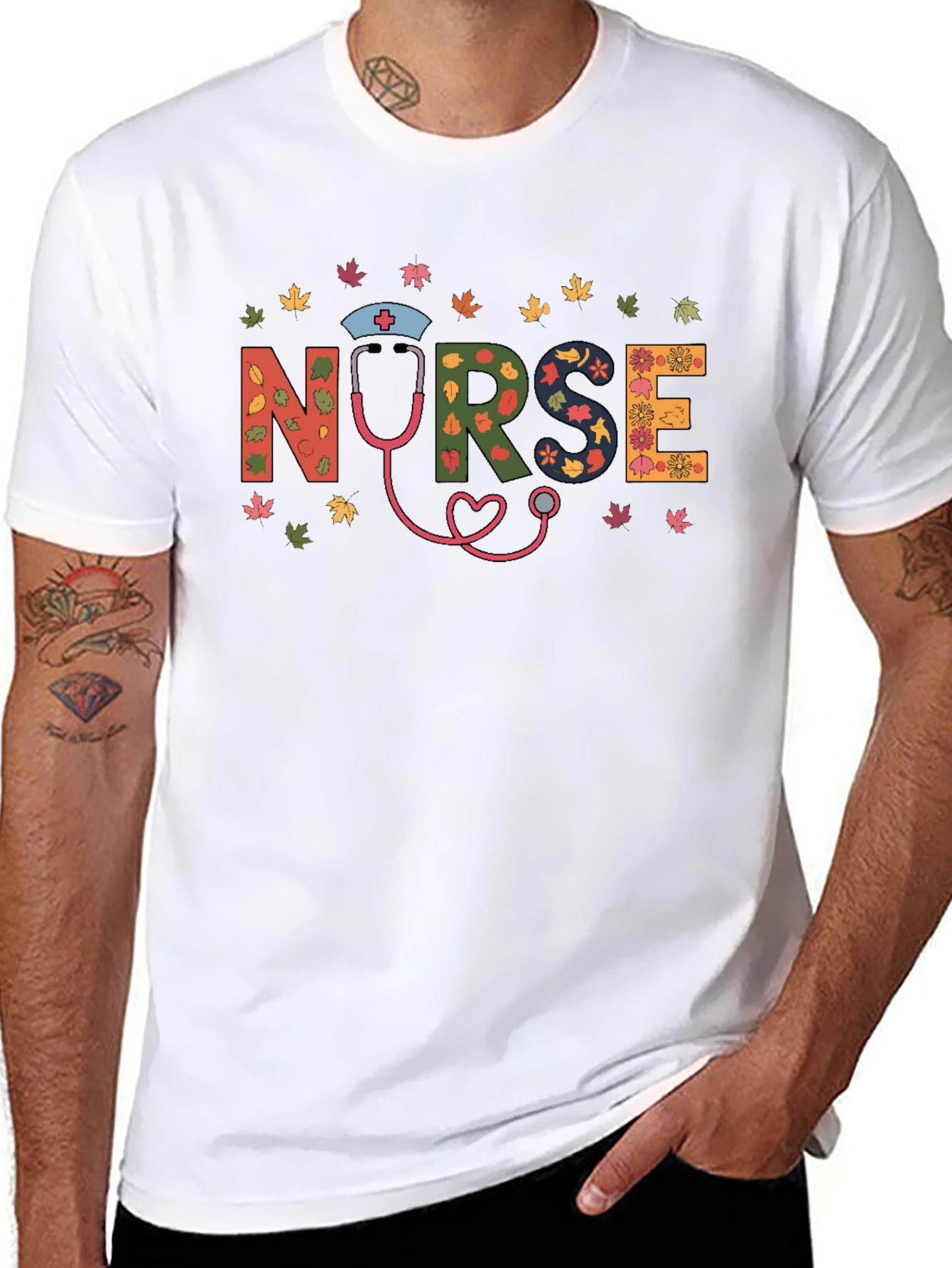 Fall Nurse Graphic Tee - Autumn Leaves Design