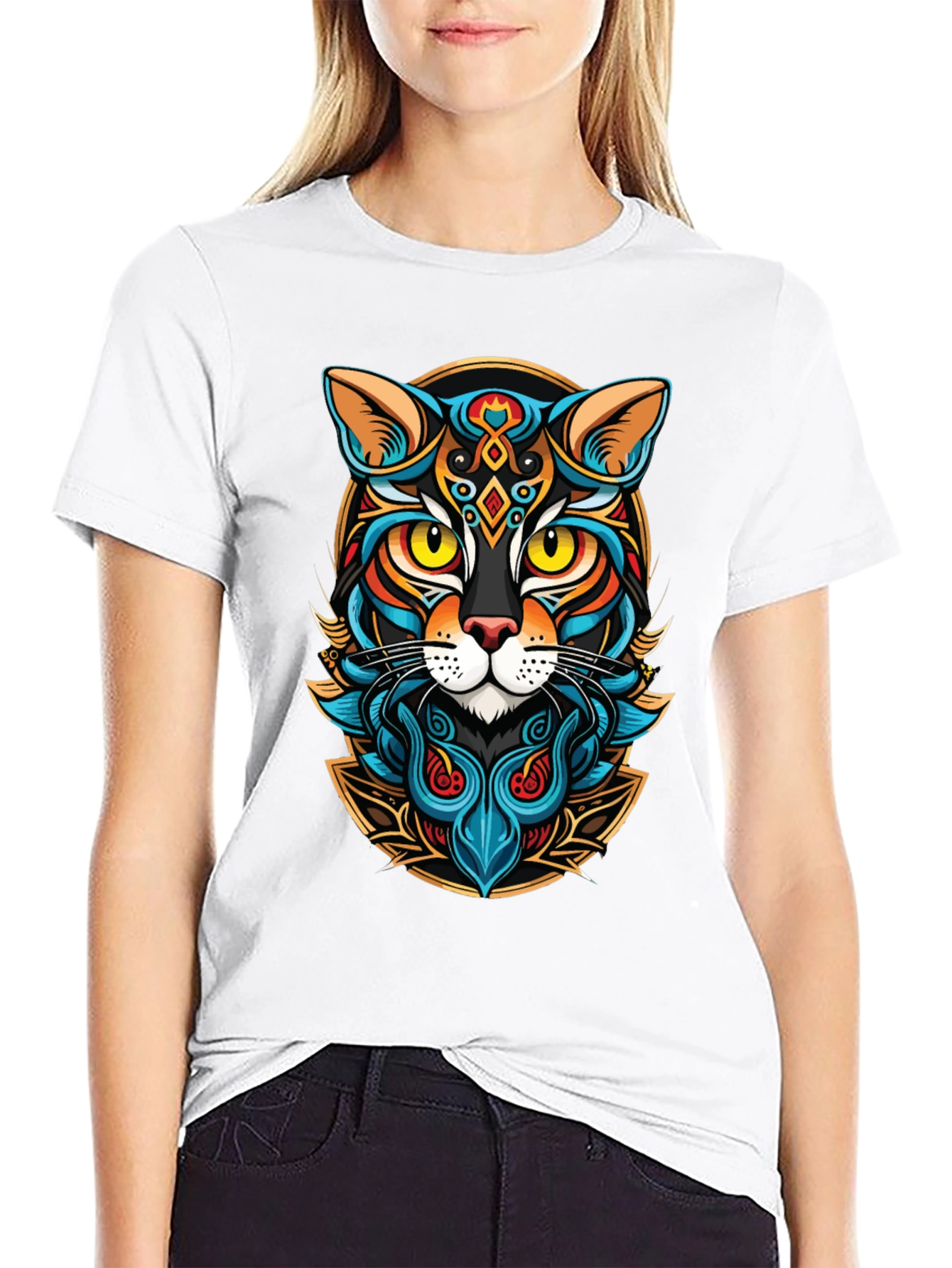 Artistic Cat Graphic Black T-Shirt