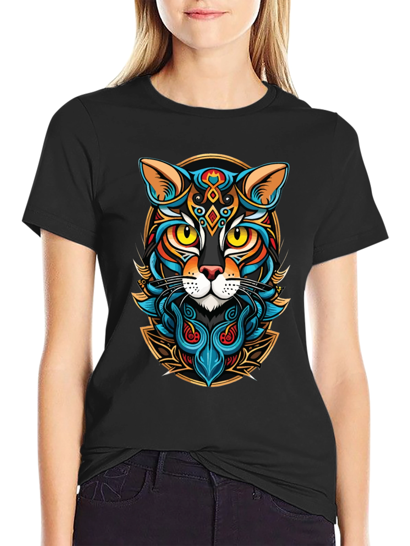 Artistic Cat Graphic Black T-Shirt
