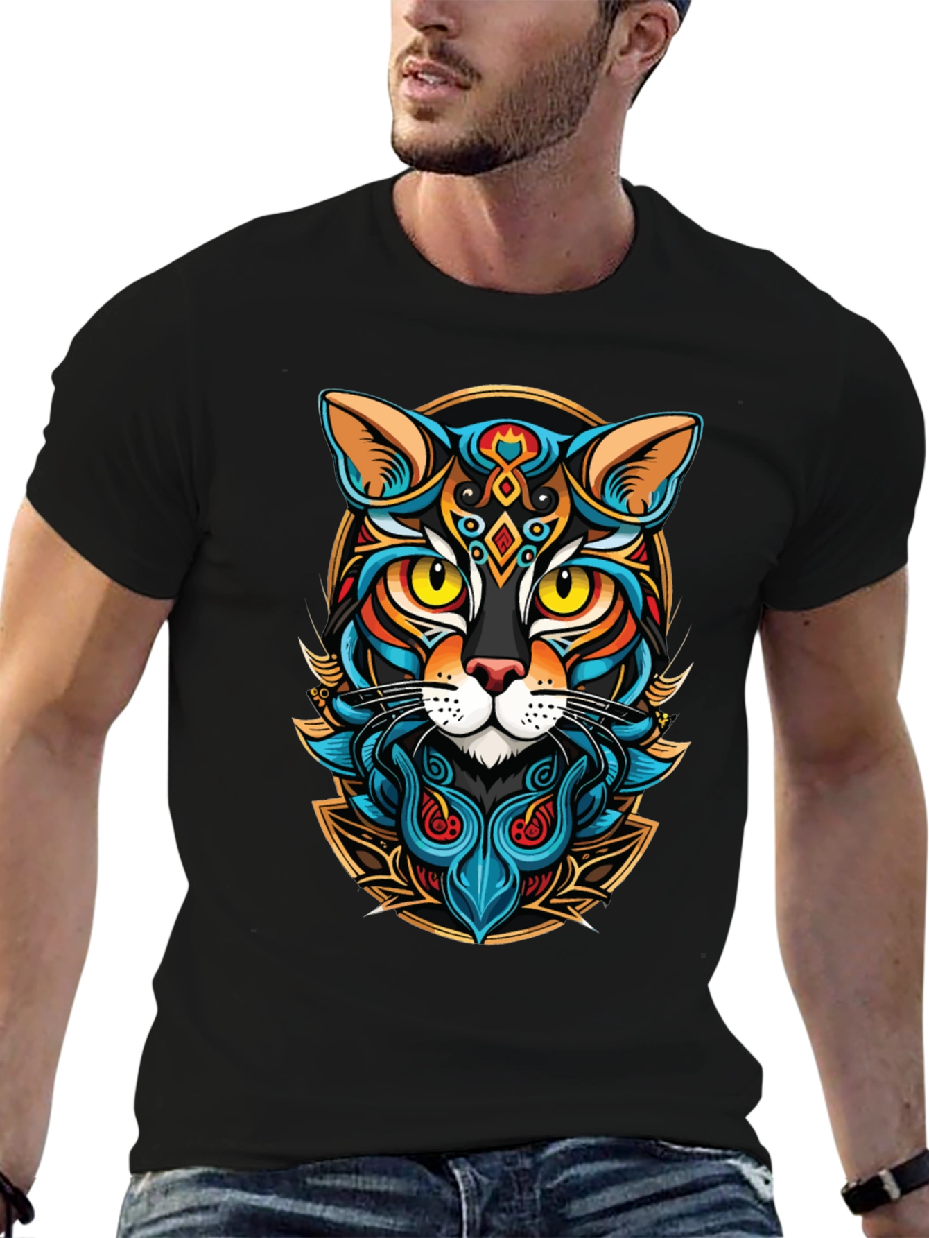 Artistic Cat Graphic Black T-Shirt