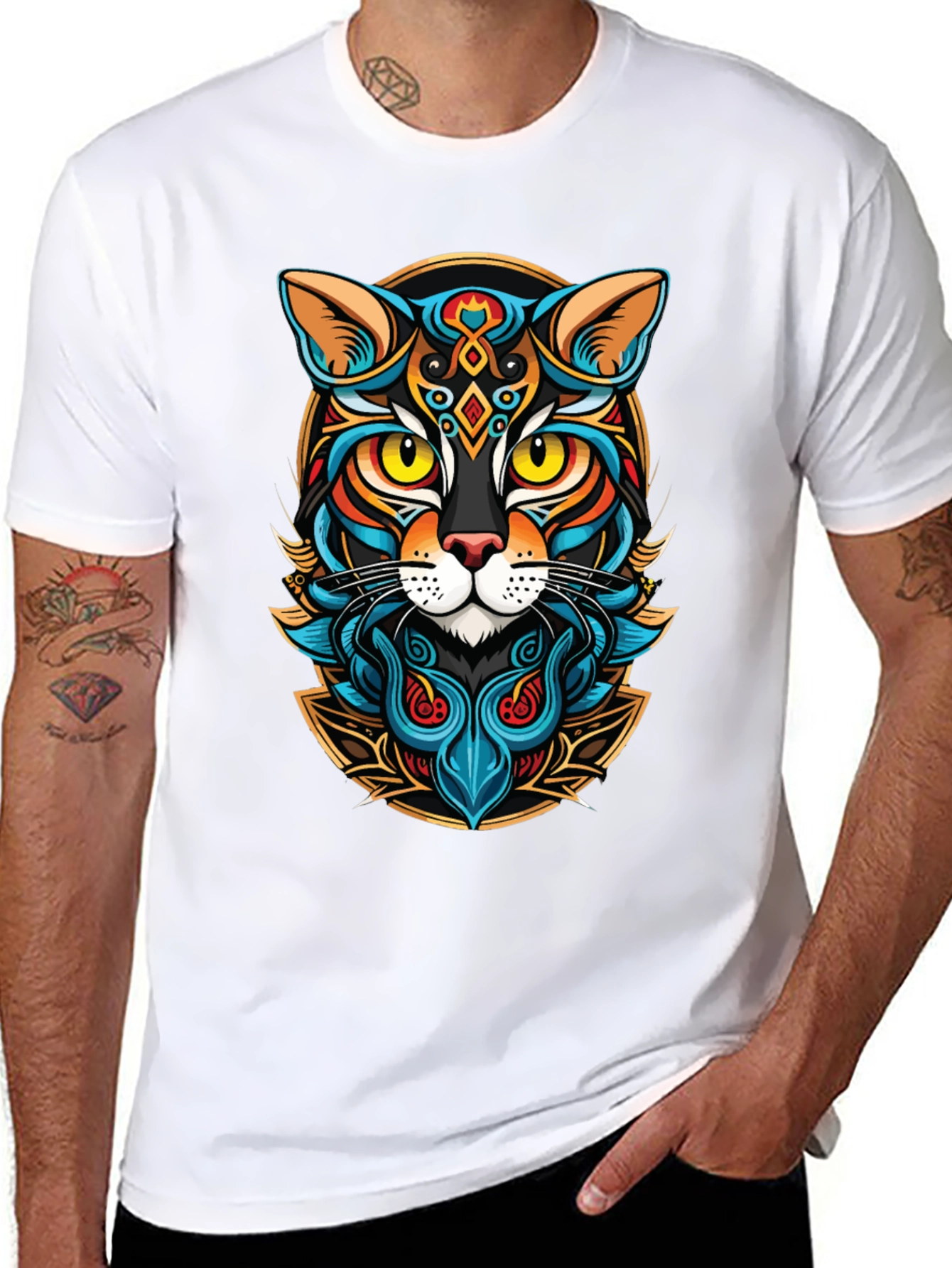Artistic Cat Graphic Black T-Shirt